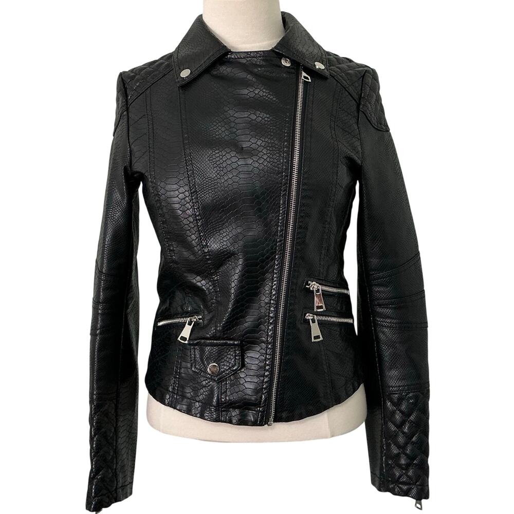 Azalea Wang Faux Snakeskin Leather Zip-Up Biker Jacket Black